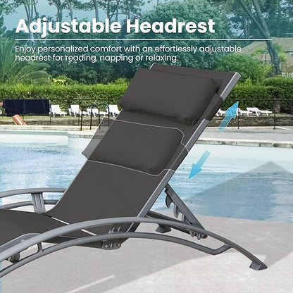 Domi Lounge Chair Set of 2, Aluminum Lounge Chairs for Outside with 5 Adjustable Positions, Chaise Lounge Outdoor for Pool, Garden, Beach, Camping, Backyard(Dark Gray)