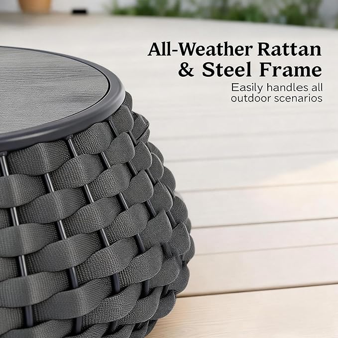Large Round Outdoor Wicker Side Table, 28 Inches Patio End Table with Removable Wood Top, Outside Coffee Table, All-Weather Metal Frame, Hollow Out Bottom Storage, for Balcony, Porch, Garden, Gray