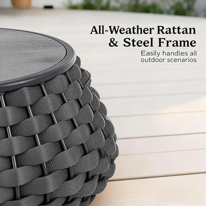 Large Round Outdoor Wicker Side Table, 28 Inches Patio End Table with Removable Wood Top, Outside Coffee Table, All-Weather Metal Frame, Hollow Out Bottom Storage, for Balcony, Porch, Garden, Gray