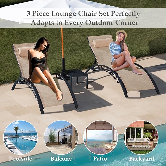 Patio Chaise Lounge Set of 3, Pool Lounge Chairs with Pillow - Photo 5