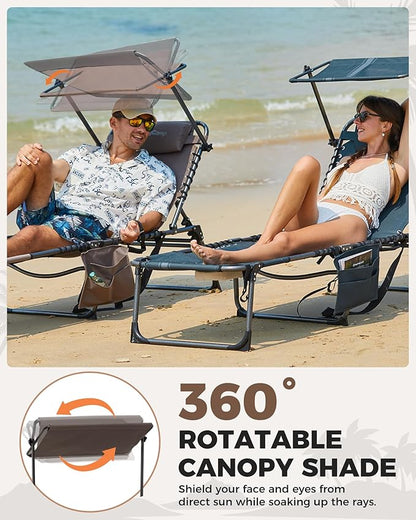 KingCamp 2 Pack Tanning Chair with Face Hole, Lounge Chairs Outdoor Folding Portable Comfy Adjustable 5-Position Foldable Chaise Chaser with Canopy Shade for Outside Beach, Beige