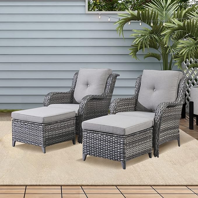 Rilyson Wicker Patio Furniture Set - 4 Piece Rattan Outdoor Sectional Conversation Sets with 2 Chairs and 2 Ottomans - Photo 2