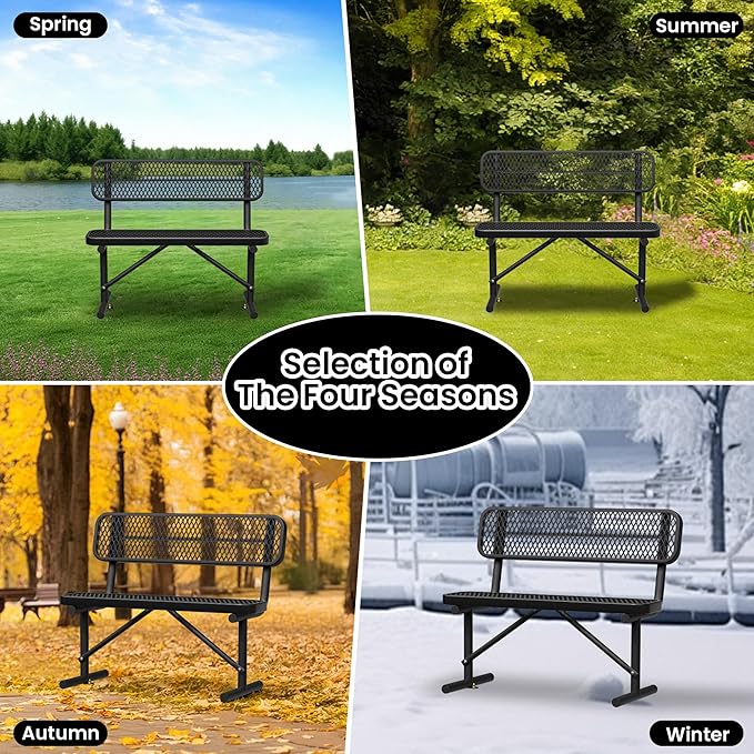 4 FT Heavy Duty Metal Park Bench for Outside, Outdoor Benches Weatherproof Black Bench with Backrest & Portable Frame, 1-3 Person Seat-Commercial Benches Garden Benches for Outdoors