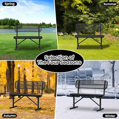 4 FT Heavy Duty Metal Park Bench for Outside, Outdoor Benches Weatherproof Black Bench with Backrest & Portable Frame, 1-3 Person Seat-Commercial Benches Garden Benches for Outdoors