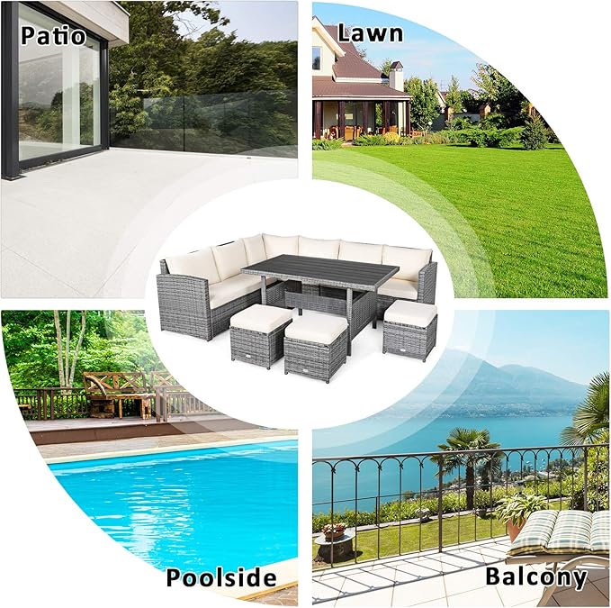 COSTWAY 7 PCS Wicker Outdoor Conversation Set, Patio Sectional Furniture Sofa Set with Table & Seat Cushions, Rattan Furniture Sets for Backyard Garden Poolside Porch, White