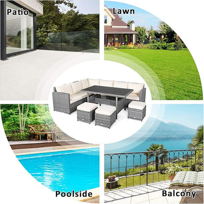 COSTWAY 7 PCS Wicker Outdoor Conversation Set, Patio Sectional Furniture Sofa Set with Table & Seat Cushions, Rattan Furniture Sets for Backyard Garden Poolside Porch, White
