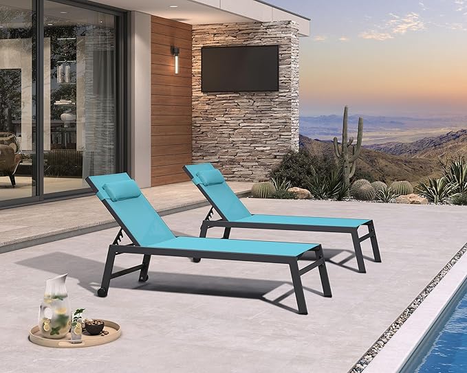 PURPLE LEAF Outdoor Oversized Lounge Chair Set of 3 Patio Chaise Pool Lounger Aluminum Frame with Side Table and Wheels for Outside Sunbathing Tanning Recliner Including Pillows Turquoise Blue