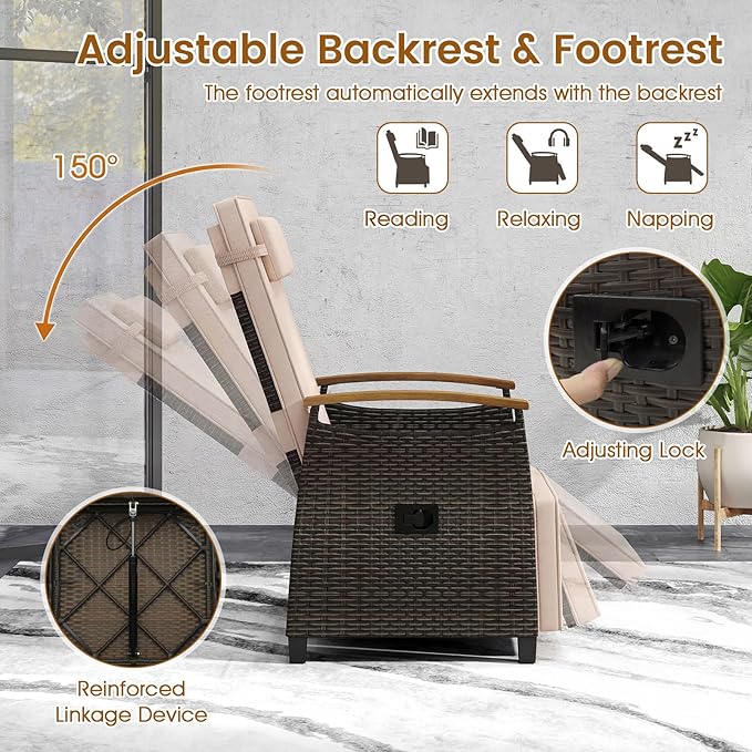 HAPPYGRILL Outdoor Rattan Wicker Chaise Lounge Recliner Chair with Adjustable Backrest & Footrest - Photo 6