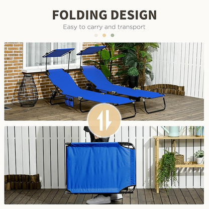 Outsunny Folding Chaise Lounge Pool Lounge Chairs Set of 2, Outdoor Sun Tanning Chairs with Canopy Shade, Reclining Back, Steel Frame and Side Pocket for Beach, Yard, Patio, Blue