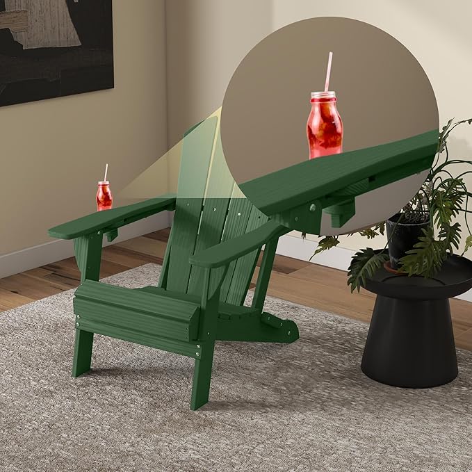 Foldable Adirondack Chair with Cup Holder-Heavy Duty Recycled HDPE Outdoor Patio Furniture, Weather Resistant Deck Lawn Fire Pit Chair (Dark Green, 2 Chair)