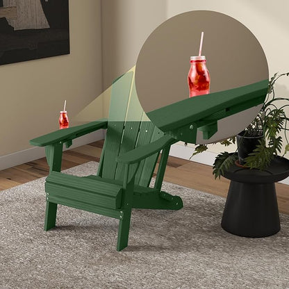 Foldable Adirondack Chair with Cup Holder-Heavy Duty Recycled HDPE Outdoor Patio Furniture, Weather Resistant Deck Lawn Fire Pit Chair (Dark Green, 2 Chair)