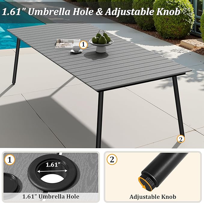 95" Patio Outdoor Dining Table for 8-10, Weather-Resistant Wood-Grain Top with Aluminum Frame & Umbrella Hole for Deck Gatherings, Dark Grey
