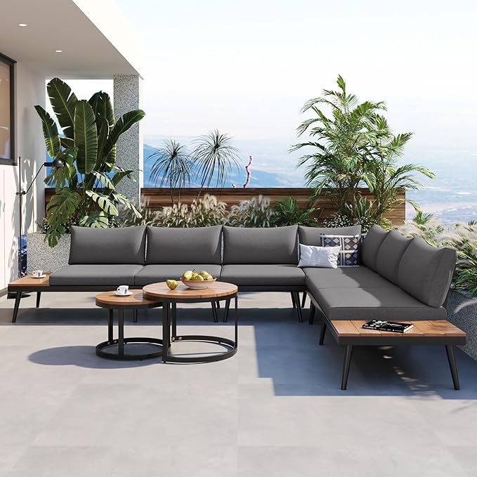 Modern Outdoor Sectional Sofa Set with Round Nesting Coffee Tables and Cushions, 6-Piece Patio Furniture Set for Porch - Photo 1