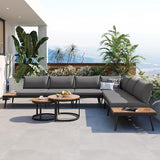 Modern Outdoor Sectional Sofa Set with Round Nesting Coffee Tables and Cushions, 6-Piece Patio Furniture Set for Porch - Photo 1
