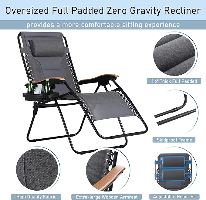 PHI VILLA XXL Oversized Padded Zero Gravity Chair Set of 2, Foldable Patio Recliner, 30" Wide Seat Anti Gravity Lounger with Armrest and Cup Holder, Support 400 LBS (Light Gray)