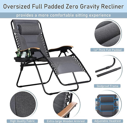 PHI VILLA XXL Oversized Padded Zero Gravity Chair Set of 2, Foldable Patio Recliner, 30" Wide Seat Anti Gravity Lounger with Armrest and Cup Holder, Support 400 LBS (Light Gray)