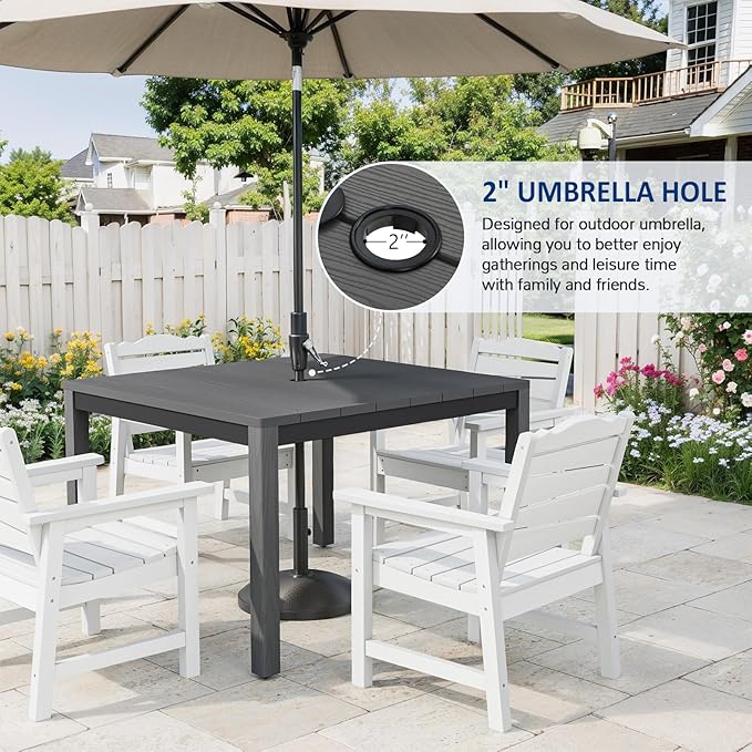 Outdoor Dining Table, Weatherproof 34" Square HIPS Patio Dining Table for 4, with 2" Umbrella Hole, Outdoor Table for Backyard Deck Poolside, Grey