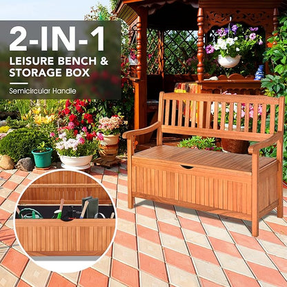 LDAILY 33 Gal Outdoor Storage Bench, Eucalyptus Multi-Functional Deck Box with 800 lbs Heavy Duty Capacity, Removable Liner, Patio Storage Bench for Garden, Poolside, Front Porch, Entryway