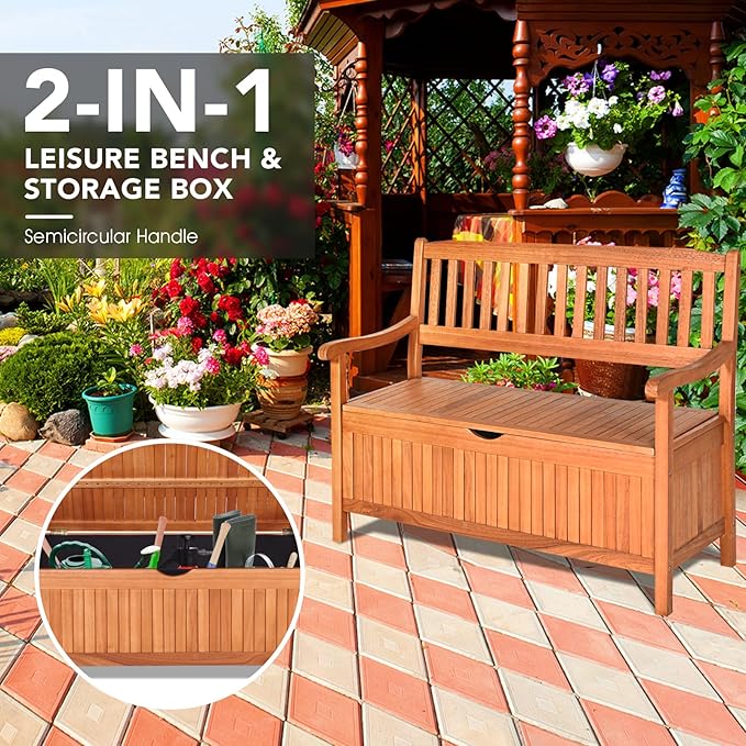 Foldable Outdoor Bench, Garden Bench w/High Back & Armrest, Acacia Wood Bench, 4 FT 2-Person Loveseat Chair for Front Porch, Patio, Backyard & Balcony, Teak Finish (w/Storage, Natural)