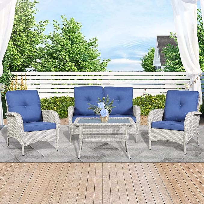 Belord 4 Pieces Patio Furniture Set for Porch Deck Balcony Outdoor, Wicker Chair Sectional Sofa Set - Photo 8