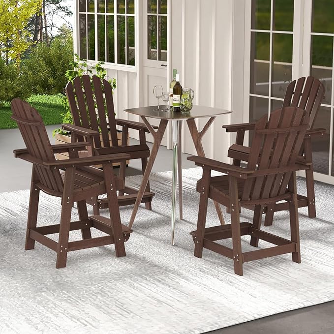 Giantex Tall Adirondack Chair Set of 4, HDPE Outdoor Bar Stools with Armrests, 4.5” Wide Footrest, Patio Adirondack Barstools, All-Weather Balcony Chairs for Poolside, Garden, Backyard (Brown)