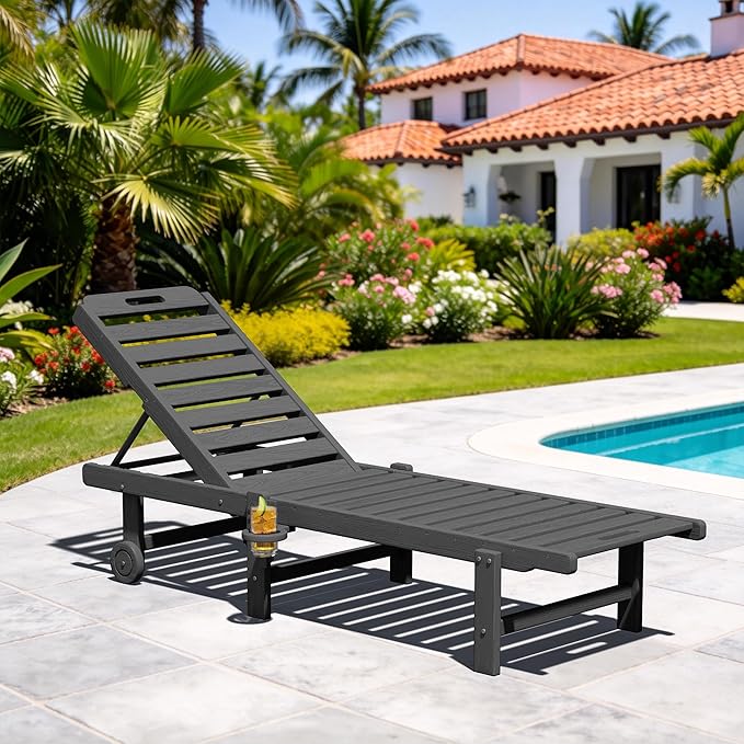 SERWALL Outdoor Chaise Lounge Chair, HDPE Patio Lounge Chair with Cup Holder - Photo 2