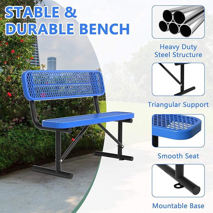 48" Metal Park Benches for Outside - Blue Outdoor Benches Heavy Duty Garden Weatherproof Bench with Backrest, Buddy Bench for Schools,Commercial Benches for Shopping Mall, Store, Yard, Patio