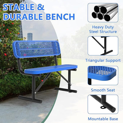 48" Metal Park Benches for Outside - Blue Outdoor Benches Heavy Duty Garden Weatherproof Bench with Backrest, Buddy Bench for Schools,Commercial Benches for Shopping Mall, Store, Yard, Patio