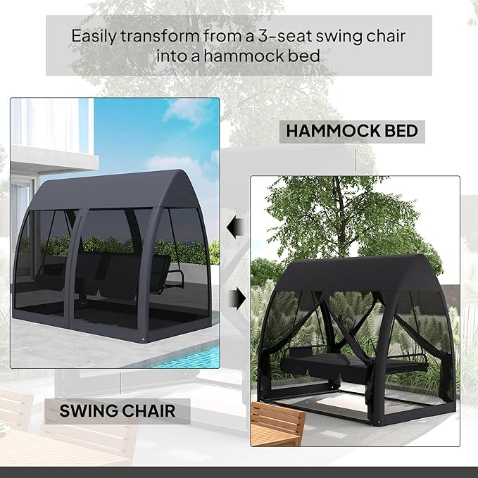 Outsunny 3-Seat Patio Swing Chair, Porch Swing Bed with Convertible Backrest, Cushion, Canopy - Photo 3