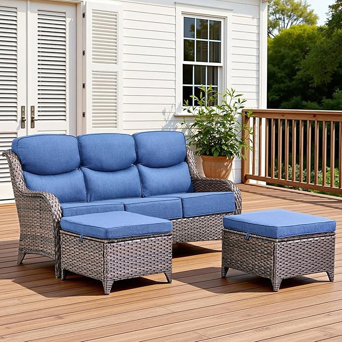 3 Pieces Patio Sofa Set with 6" Thick Cushions, High Back Wicker Sectional Outdoor Sofa with Ottomans - Photo 1