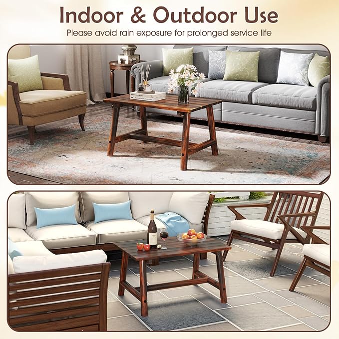 Tangkula Outdoor Coffee Table, Solid Wood Patio Desk with Slatted Tabletop - Photo 8