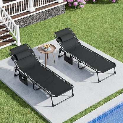 EBE Outdoor Lounge Chair Set of 2, Portable Patio Sun Tanning Chair with 4-Position Reclining Back, Pool Chaise Lounge Chair with Detachable Pillow and Side Pocket for Beach, Poolside, Black