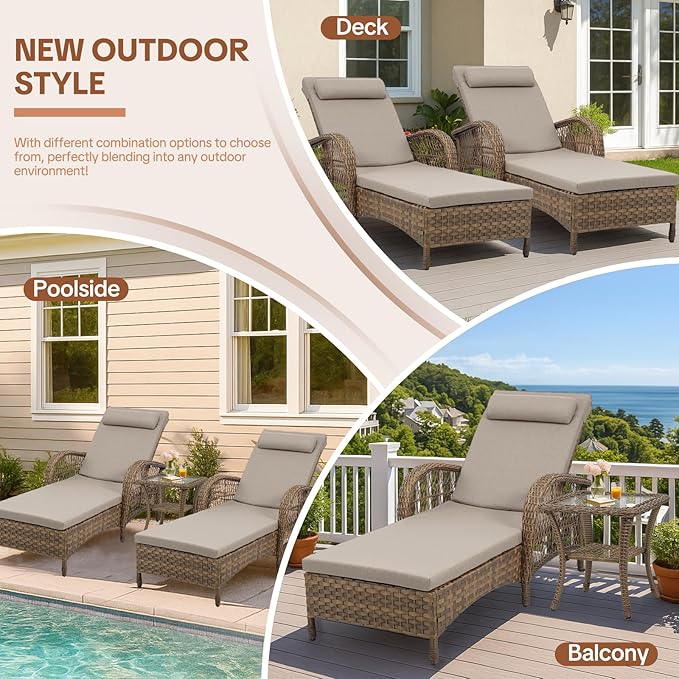 HOMEDIARY 2-Piece Outdoor Wicker Lounge Chairs with Cushion, Rattan Patio Chaise Loungers with 6-Level Backrest, All Weather Lay Flat Pool Sunbathing Recliner Chair, Armrest and Head Pillow, Beige