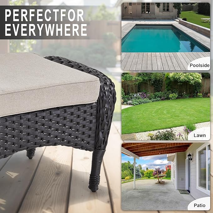 Belord Outdoor Ottomans for Patio Foot Rest - 25 Inch PE Wicker Foot Stool Set of 2 with Removable Cushions for Patio Furniture Sets,All Weather Rattan Ottoman for Balcony Backyard Black/Beige