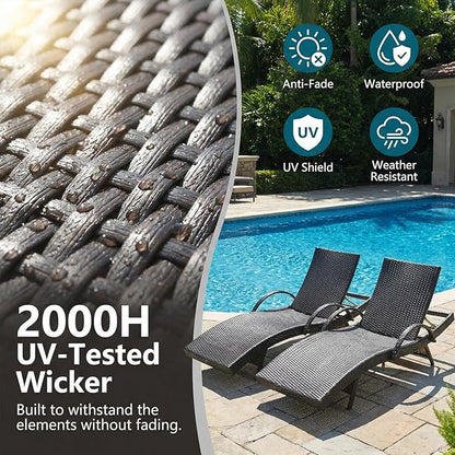 Wicker Outdoor Lounge Chairs with Pull Out Side Table, Pool Lounge Chairs Set of 2, Rattan Outdoor Lounger, Adjustable Backrest Patio Chaise Lounges for Garden, Backyard, Tanning Chair, Dark Brown