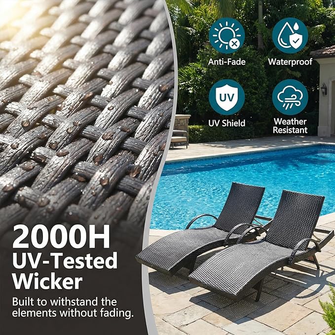 Wicker Outdoor Lounge Chairs with Pull Out Side Table, Pool Lounge Chairs Set of 4, Rattan Outdoor Lounger, Adjustable Backrest Patio Chaise Lounges for Garden, Backyard, Tanning Chair, Dark Brown