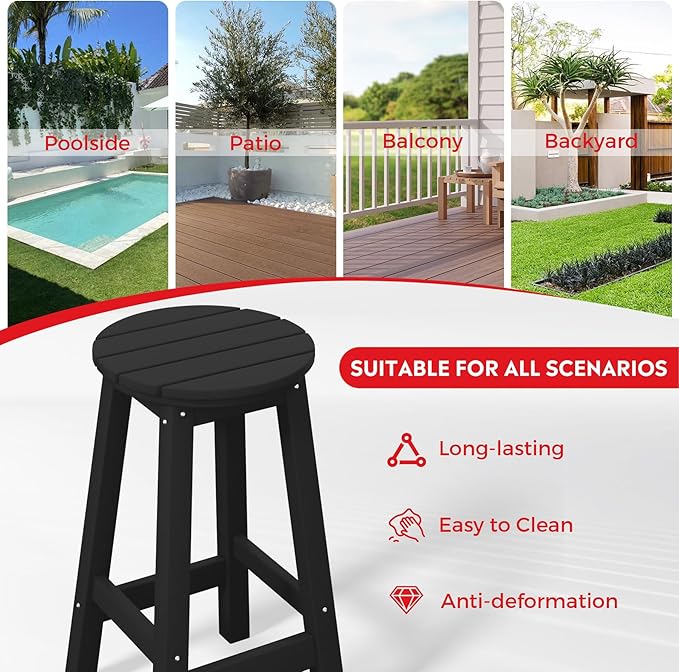 Costaelm 24" Height Outdoor Bar Stools, All-Weather Bar Stools, Adirondack Poly Patio Round Bar Stool for Patio, Deck, Kitchen Counter and Garden, Black