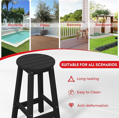 Costaelm 24" Height Outdoor Bar Stools, All-Weather Bar Stools, Adirondack Poly Patio Round Bar Stool for Patio, Deck, Kitchen Counter and Garden, Black