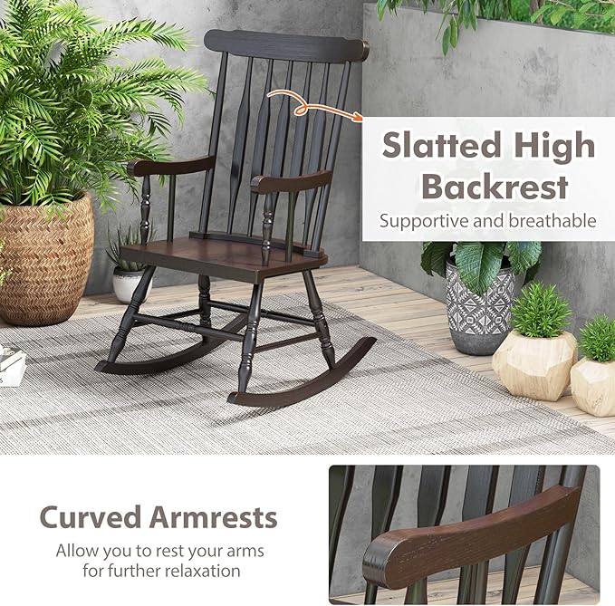 Tangkula Patio Rocking Chair Solid Rubber Wood, Outdoor Porch Rocker Chair with Rubber Wood Frame, Indoor Wooden Rocking Chair, Ideal for Garden, Backyard & Balcony (1, Espresso)