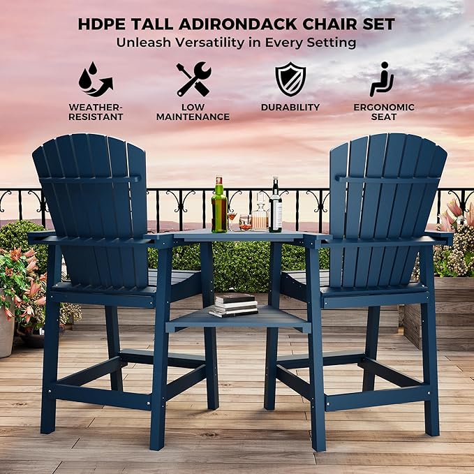 GAOMON Tall Adirondack Chairs Set of 2, Recycled HDPE Bar Height Patio Chairs with 2 Removable Connecting Trays & Umbrella Hole, Heavy Duty Outdoor Furniture for Deck, Backyard, Garden, Balcony, Blue
