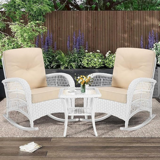MEETWARM 3 Pieces Patio Conversation Set, Rattan Outdoor Rocking Patio Bistro Set with 2 Rockers and 1 Side Table with 4" Thick Cushions, Outdoor Furniture Set for Porch Backyard, White Wicker/Beige