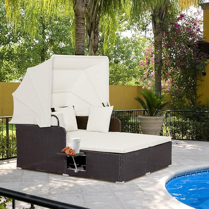 Moccha Outdoor Daybed with Retractable Canopy, Wicker Cabana with 2 Side Tables & Soft Cushions ,Hand-Woven PE Rattan Bed Lounger, Patio Sectional Furniture Set for Garden Backyard Porch (Off White)