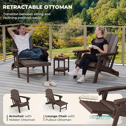 BRIOPAWS Adirondack-Chairs-with-Pull-Out-Footrest | Set of 2 | Folding | HDPE Plastic | Fire Pit Chair | All Weather | Cup Holders | Curved Back | Retractable Ottoman | for Poolside Deck | Dark Brown