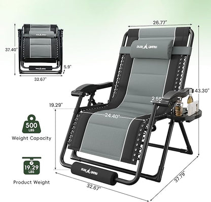 Amopatio Zero Gravity Reclining Patio Chairs Set of 2 XXL Foldable Lounge Chair with Removable Cup Holder/Headrest/Footrest 500LBS Capacity Portable for Outdoor Patio Pool Backyard,Black-Gray