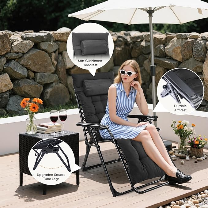 DUMOS Zero Gravity Chair, Reclining Camping Lounge Chair for Outdoor, Reclining Patio Chairs with Cup Holder Trays and Removable Cushion, Folding Recliner for Indoor, Black