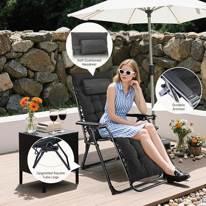 DUMOS Set of 4 Zero Gravity Chair, Reclining Camping Lounge Chair for Outdoor, Reclining Patio Chairs with Cup Holder Trays and Removable Cushion, Folding Recliner for Indoor, Black