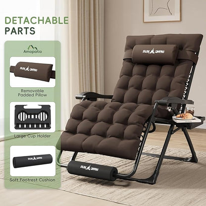 Amopatio Oversized Zero Gravity, 33in Reclining Camping Lounge Chair Upgraded Lock, Footrest, Cup Holder, Removable Cushion, Headrest Folding Patio Recliner