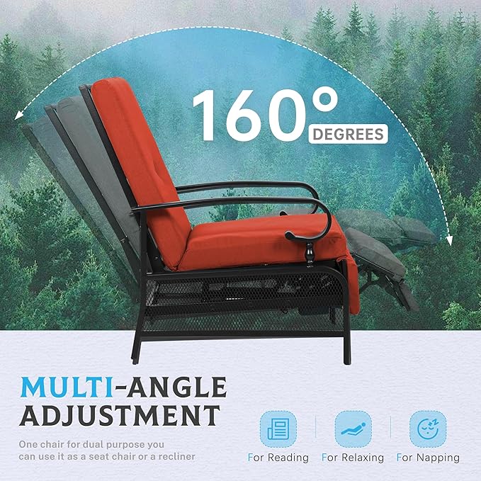 Incbruce Outdoor Lounge Chair Patio Furniture Adjustable Recliner with Retractable Steel Frame and Removable Thick Cushions - Red
