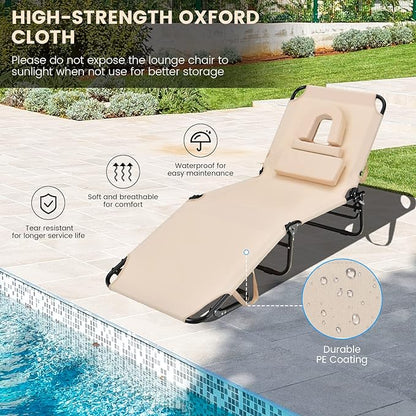 GYMAX Tanning Chair, 330lbs Beach Lounge Chair with Face Hole, Washable Pillow & Carry Strap, Adjustable Folding Chaise Lounge, Layout Lounger for Outside, Patio, Poolside, Lawn (2, Beige)