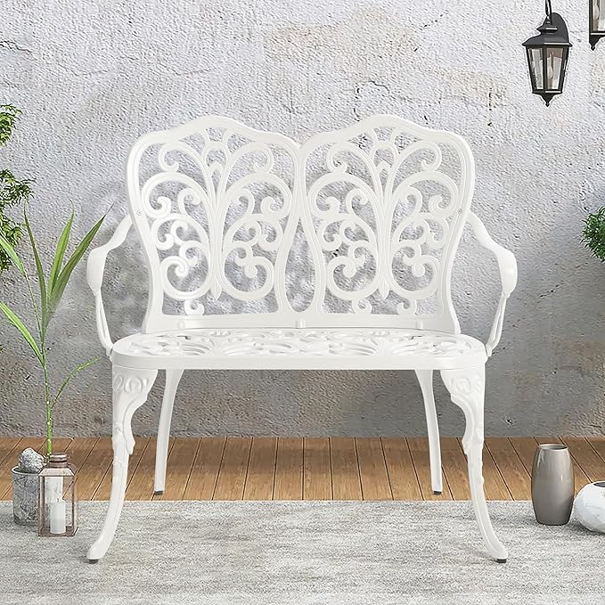 Patio Garden Bench Metal Park Bench Cast Aluminum Outdoor Furniture with Floral Rose for Patio,Park,Lawn,Yard White